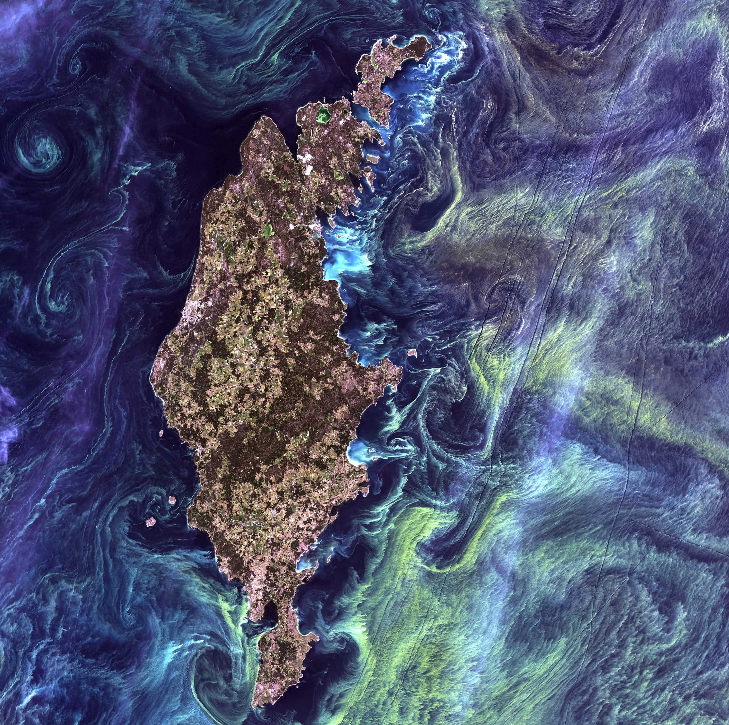 Satellite view of an island with swirling ocean currents in blue, green, and yellow hues.